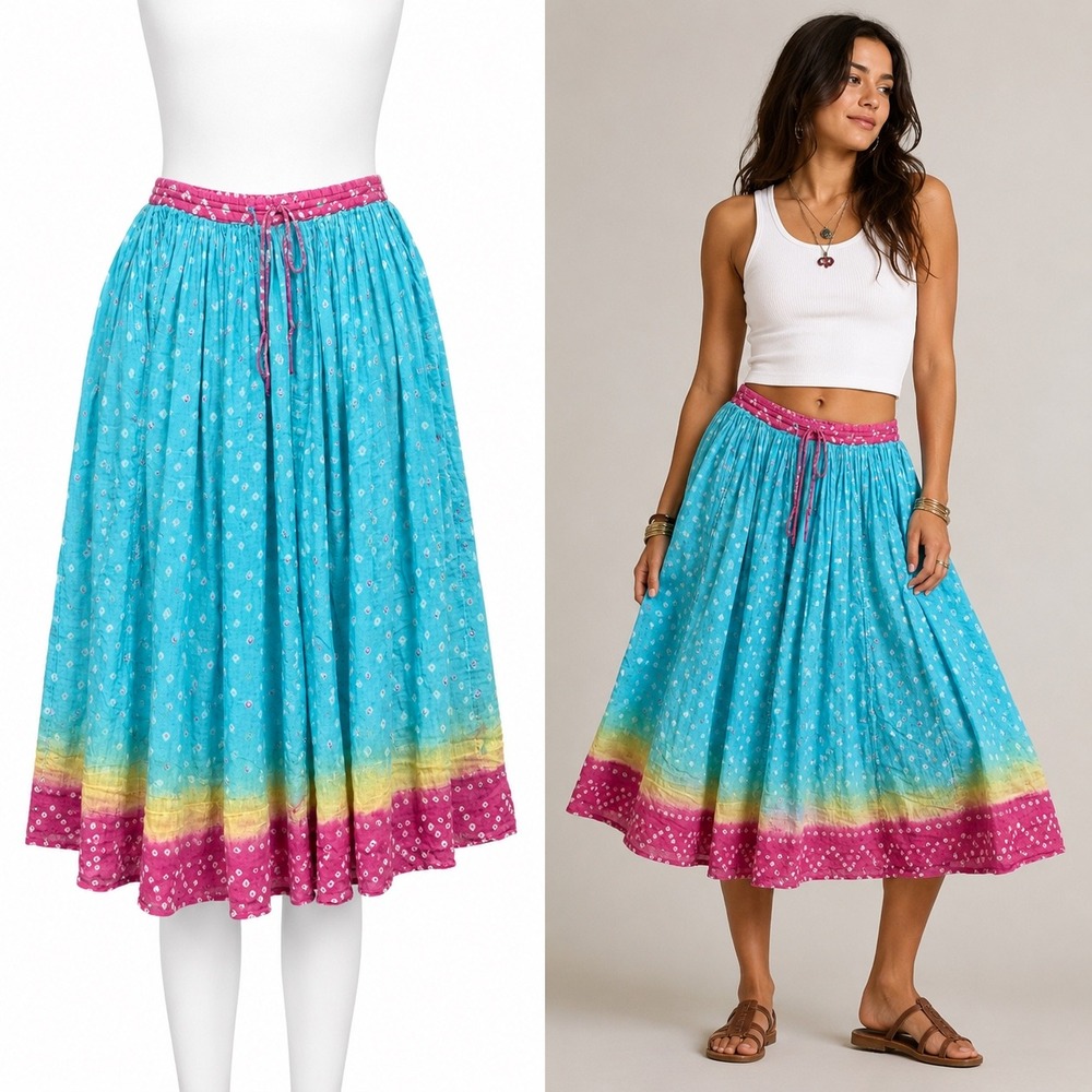 Vintage 90s Passports Pier 1 Imports Cotton Midi Skirt M Turquoise Pink Boho